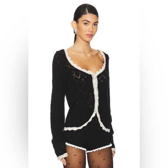 NWT Free People Adelene Pointelle Cardigan S in Black Creme - Picture 1 of 9